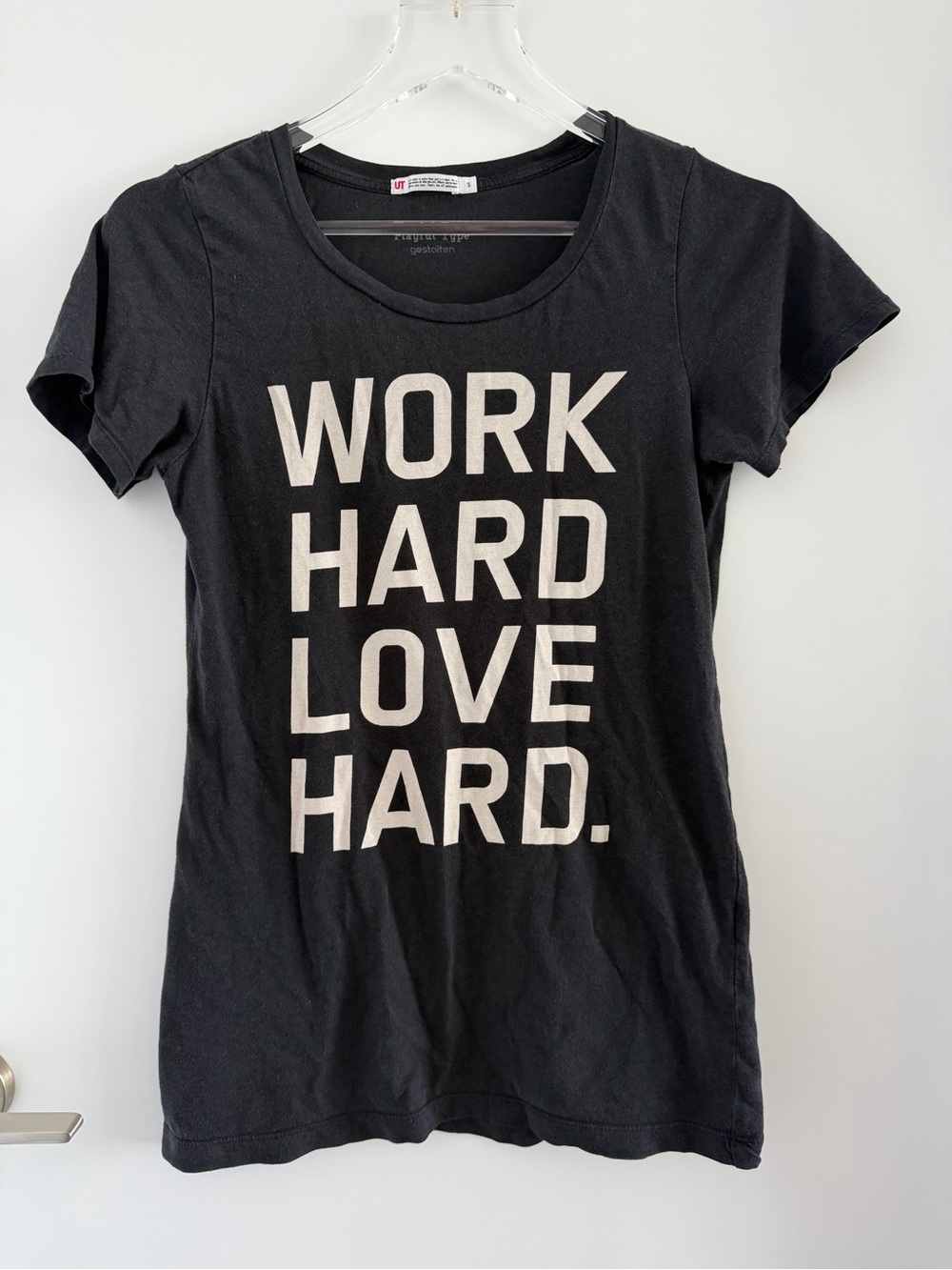 UNIQLO Black 'Work Hard Love Hard' Graphic Tee Playful Type Gestalten